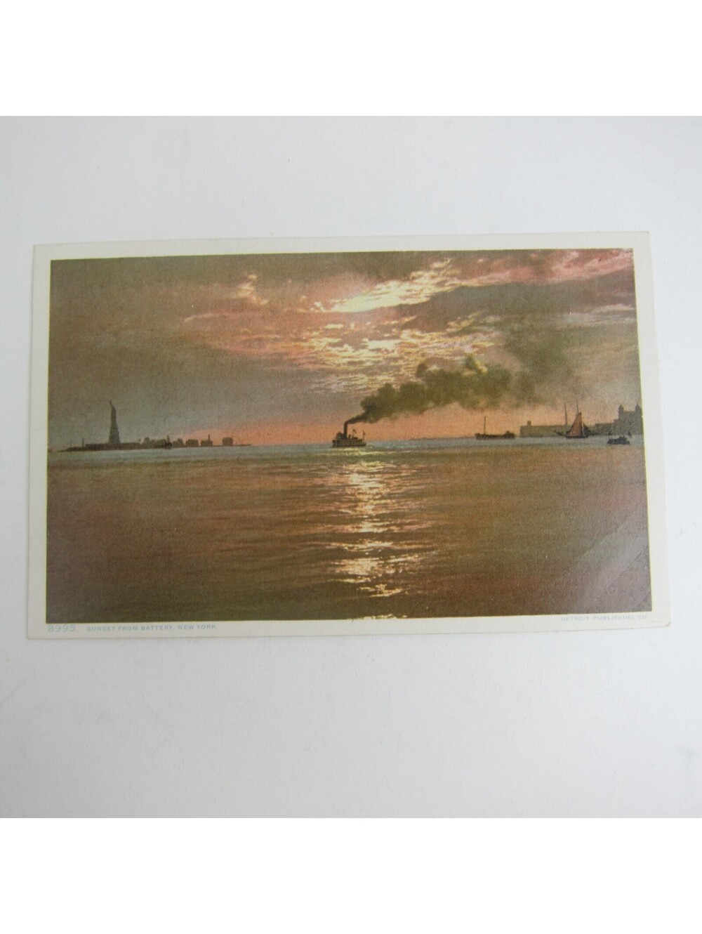 Postcard Sunset From Battery New York Statue of Liberty Streamer Boats Antique